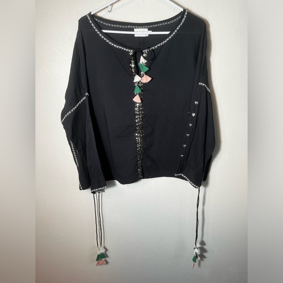 FLANNEL America Boho Tasseled Embroidered Peasant‎ Blouse Size S/M - Picture 4 of 7